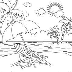 a beach scene with an umbrella and chair on the sand, palm trees in the background