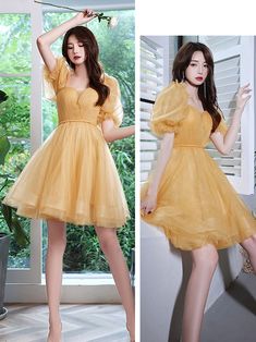 Fitted Knee-length Tulle Mini Dress, Summer Homecoming Dress With Heart-shaped Neckline, Yellow Mini Dress For Wedding, Summer Tulle Dress With Puff Sleeves, Summer Puff Sleeve Tulle Dress, Puffy Homecoming Dresses, Yellow Homecoming Dress, Homecoming Dresses Yellow, Prom Dress Yellow