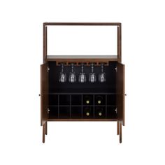 a wooden cabinet with wine glasses on it