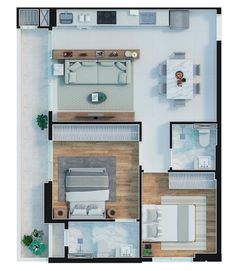 an overhead view of a bedroom, living room and kitchen area in a house plan