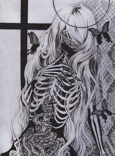 a black and white drawing of a woman with long hair wearing a skeleton costume sitting in front of a window