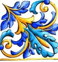 an artistic tile design with blue and yellow leaves on white background stock photo - image