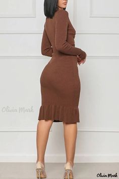 Olivia Mark - Womens Sophisticated Hollow Patchwork Flounce V-Neck Pencil Skirt Dress Brown Fitted V-neck Bodycon Dress, Fitted V-neck Brown Bodycon Dress, Brown Knee-length Bodycon Dress For Work, Knee-length Brown Bodycon Dress For Work, Fitted Midi Skirt In Brown, Pencil Skirt Dress, Peplum Styling, Sweater Dress Midi, Hip Dress