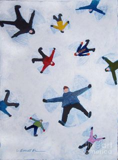 a painting of people in the snow with skis and snowboarders on them