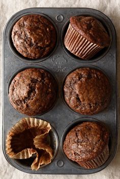 chocolate muffins in a baking pan on a table