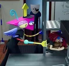 an animated character is playing with toys in the kitchen