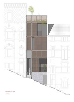 an architectural drawing of a building with stairs leading up to the top floor and second story