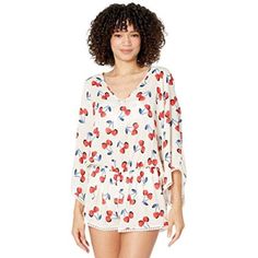 Kate Spade New York Whether Lounging Oceanside Or The By The Rooftop Pool Down The Street, You Can't Go Wrong With The Very Flattering Kate Spade New York Cherry Toss Kimono Sleeve Cover-Up S~M~~ Nwt $142 White V-neck Rayon Top, V-neck Rayon Top For The Beach, Summer Rayon V-neck Tops, V-neck Tops For Beach Season, Summer V-neck Blouse For Loungewear, Red V-neck Top For Beach Season, Casual Beach Season Blouse For Brunch, Casual Blouse For Brunch During Beach Season, Casual Blouse For Beach Season Brunch