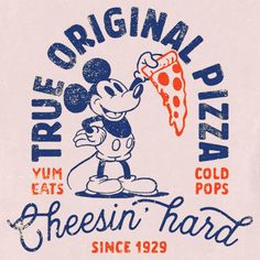 the original pizza shirt features an image of mickey mouse holding a slice of pizza in his hand