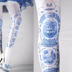 Tattoo Tights China Doll One Size Blue and White Full Length | Etsy Porcelain Tattoo, Tattoo Tights, China Doll, Printed Tights, China Dolls, Exotic Birds, Womens Tights, Nude Color, Costume Design