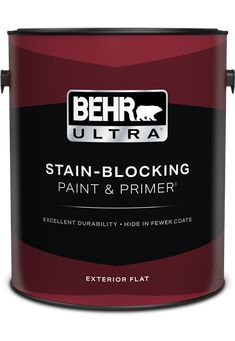 behr ultra stain blocking paint and primer in red, white and black with the logo