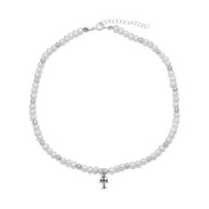 Women's Freshwater Pearl and Silver Bead Cross Necklace Xoxo Bracelet, Silver Bracelet Designs, Necklace With Cross, Silver Necklace Designs, Silver Bead Necklace, Silver 925 Necklace, White Freshwater Pearl, Childrens Jewelry, Sterling Silver Cross