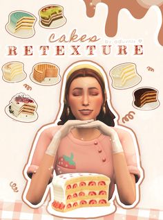 the girl is holding a cake in front of her face and surrounded by different desserts