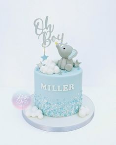 a blue and white cake with an elephant on top that says oh boy in silver letters