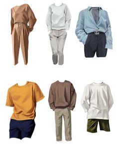 four different colored shirts and pants on a white background