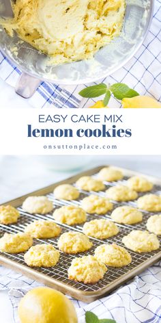 lemon cookies cooling on a wire rack next to a bowl of lemons