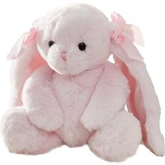 a white stuffed rabbit with pink ribbon on its head and ears, sitting in front of a white background