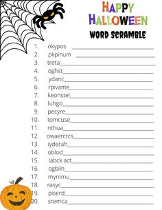 a printable halloween word scramble with pumpkins and spider web on the top,