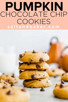 pumpkin chocolate chip cookies stacked on top of each other with the title in the middle