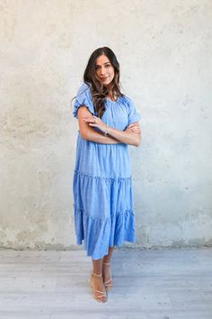 Serena modest midi dress in light blue-NEW – JanieLanie Blue Casual Flowy Tiered Dress, Casual Blue Flowy Tiered Dress, Casual Blue Tiered Dress With Loose Fit, Casual Blue Midi Tiered Dress, Blue Flowy Midi Length Tiered Dress, Casual Blue Midi Length Tiered Dress, Light Blue Short Sleeve Maxi Dress With Ruffles, Light Blue Maxi Dress With Ruffles And Short Sleeves, Blue Casual Midi Dress With Tiered Skirt