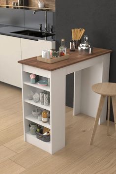 a small kitchen island with shelves for spices and condiments