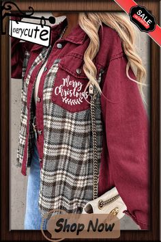 Red Plaid Patchwork Christmas Elk Graphic Print Denim Jacket Red Winter Denim Jacket, Casual Christmas Holiday Outerwear, Casual Fall Holiday Outerwear, Casual Fall Outerwear For Holiday, Casual Holiday Outerwear, Casual Long Sleeve Holiday Outerwear, Patchwork Christmas, Printed Denim Jacket, Print Denim