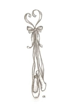 a drawing of ballet shoes hanging from a ribbon with the word love written on it