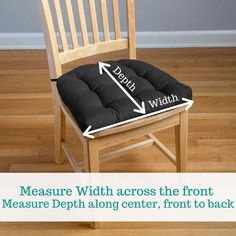 a wooden chair with a seat cushion on it and the words measure width across the front