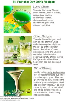 the st patrick's day drink recipe is shown in green and gold colors, including lime