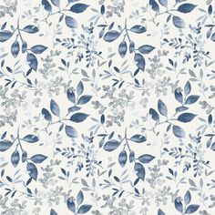 a blue and white wallpaper with leaves and flowers on the back drop in shades of gray