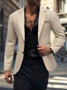 Khaki Work Collar Long Sleeve Fabric Colorblock,Plain Regular Embellished Non-Stretch  Men Clothing Cream Color Blazer Outfit Men, Mens Beige Blazer Outfit, Beige Trousers Outfit Men, Beige Blazer Men, Masculine Contemporary, Blazer Men Outfit, Beige Blazer Outfit, Graduation Suit, Trousers Outfit Men