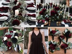 the table is set with black and red flowers, greenery, silverware and candles