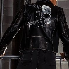 100% Real Leather Jacket With Hand Painted Skull & Quote Antiqued Worn Look With Faded Trim “Madness Is Genius” - Marilyn Monroe Hand Spiked Details On Shoulders, Back & Sleeves Model Is Wearing A Men’s L White Fitted Punk Biker Jacket, White Fitted Edgy Leather Jacket, White Fitted Edgy Outerwear, Punk Wizard, Mens Punk Fashion, Madness Is Genius, Hand Painted Leather Jacket, Black Corduroy Jacket, Skull Quote