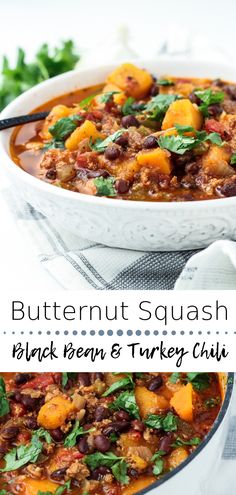 butternut squash black bean and turkey chili in a white bowl with the title above it