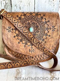 Hand Tooled Mandala Crossbody Leather Bag-Handbags-Dreamtime Boho-Antique Brown-Dreamtime Boho Bohemian Brown Shoulder Bag, Bohemian Turquoise Travel Bag, Bohemian Turquoise Bags For Festival, Bohemian Crossbody Saddle Bag For Everyday Use, Turquoise Bags For Festivals, Bohemian Turquoise Shoulder Bag, Turquoise Bohemian Shoulder Bag, Bohemian Hand Tooled Shoulder Bag, Bohemian Hand Tooled Saddle Bag