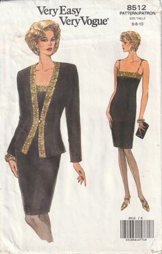 a woman's dress and jacket sewing pattern with gold sequins on the shoulders