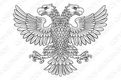 an eagle with two heads and wings on it's back, in black and white