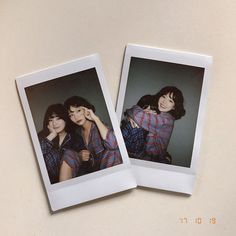 two polaroid photos of women in plaid shirts, one with her hand on her head