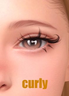 a woman's eye with the words curly on it and an image of her eyelashes