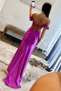 Make a statement in the Violet Flutter Sleeve Cutout Mermaid Fitted Gown. This dress is crafted from luxurious satin fabric, the floor-length gown hugs your figure in all the right places, shaping a flawless mermaid silhouette. The off-the-shoulder neckline creates a romantic and bold look, while the flutter sleeves add a soft, feminine touch. It is available in rich hues of violet, yellow, red, and hot pink. The strategically placed cutouts offer a glimpse of skin, infusing the dress with a dar Hot Prom Dress, Fitted Gown, Fitted Gowns, Fitted Prom Dresses, Prom Dresses Long Mermaid, Prom Dresses Yellow, Floor Length Prom Dresses, Purple Prom Dress, Mermaid Bridesmaid Dresses