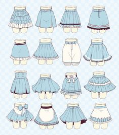 various types of skirts are shown in blue and white, with black trims on the bottom