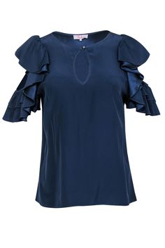 Current Boutique-Parker - Navy Silk Cold Shoulder Blouse w/ Ruffles Sz S Elegant Flutter Sleeve Tops For Spring, Elegant Spring Tops With Flutter Sleeves, Chic Ruffle Sleeve Blouse For Night Out, Elegant Flowy Top With Flutter Sleeves, Elegant Ruffled Tops For Night Out, Chic Flowy Blouse With Flutter Sleeves, Elegant Cold Shoulder Summer Top, Elegant Summer Cold Shoulder Top, Elegant Cold Shoulder Top For Summer