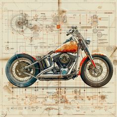 a drawing of a motorcycle on top of blueprinted paper with red and orange details