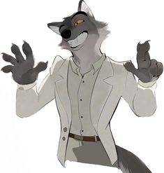 a drawing of a wolf wearing a suit and holding his hands up in the air