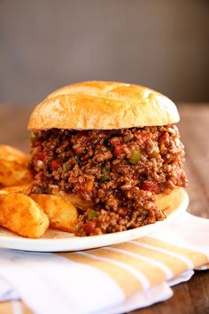 a sloppy joe sandwich on a plate next to some french fries and potato wedges