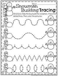 the snowman building tracing worksheet is shown in black and white