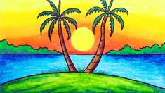 a drawing of two palm trees on an island with the sun setting in the background