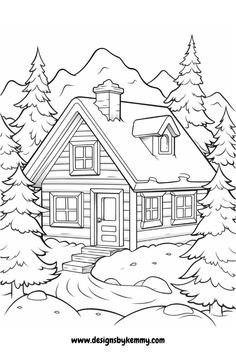 a house in the woods with trees and snow on it coloring pages for kids, printable