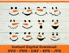 snowman faces with different facial expressions on white wood background for svg and dxf files