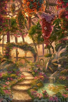 a painting of a garden with lots of flowers and plants hanging from it's ceiling